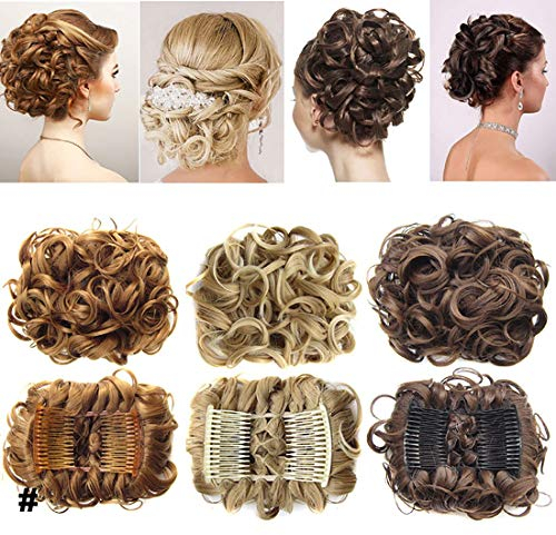 Mode Wellig Haarverlängerung Haarteil Haargummi Hochsteckfrisuren unordentlicher Dutt gewellt VOLUMINÖS Comb Scrunchie Pferdeschwanz Dunkelbraun