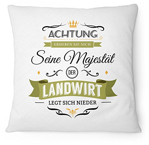 Fashionalarm Kissen Seine Majestät der Landwirt - 40x40 cm mit Füllung | Lustige Geschenk Idee Kollegen Bauer Landwirtschaft Beruf Arbeit Spruch, Farbe:weiß