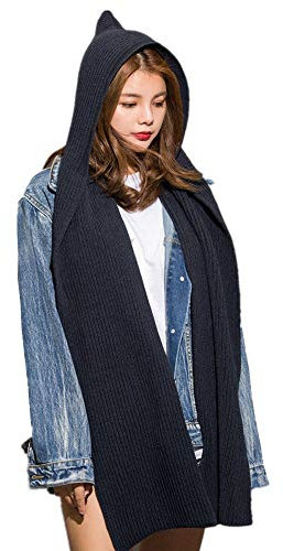 Damen Wintermütze mit Kapuze, Schal, Strick, Strickpullover, Halswärmer - blau -