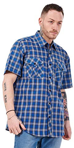 Apparel Mens Regular Big Size Shirts Checked Cotton Blend Casual Short Sleeve Blue M-5XL