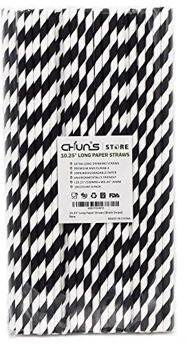 10.25 Long Disposable Paper Drinking Straws, 0.24 Diameter - Black/White Striped, Pack of 100