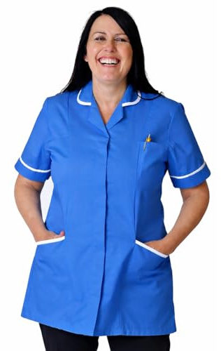 Skywear T66 Ladies Tunic Tops - Women's Healthcare & Beauty Tunics for Women UK | Work Uniforms for Office, Salon, Nurse & Spa - Multicolor Short Sleeve Tops, Metro-Blue with White, 12