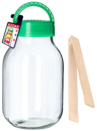 KADAX Einmachglas mit Zangen, Gurkenglas mit Deckel aus Kunststoff, Glasballon, Vorratsglas für Gurken, Einmachglas, luftdichte konservierung (3L)