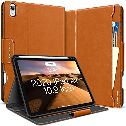 Bukoor iPad Air 11 Zoll 6 Generation 2024(M2), Air 5/4 Hülle (2022/2020) 10,9 Zoll mit Pencil Halfter, PU Leder Taschen Stoßfest Cover Auto Schlafen/Wachen Case, Multi-Winkel Ständer for Air 6, Braun