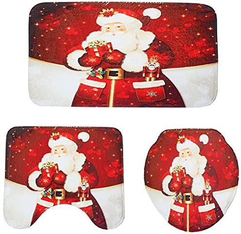 ZESLIV 3Tlg Set Badematte Weihnachten Deko Weihnachtsmann Badvorleger Toilettenmatte Badgarnitur rutschfest Badteppich Badezimmerteppich Deckelbezug WC-Vorleger mit Ausschnitt rutschfest Waschbar