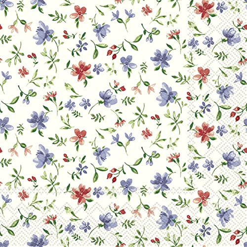 20 Servietten Fleurs blue red - Blumen mini blau rot 33x33cm