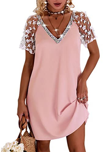 Onsoyours Robe De Soirée Été Femme Elégant Chic Col V Manches Courtes avec Dentelle Patchwork Mini Robe Chemise Simple Casual Imprimé Robe De Plage Courte Rose E M