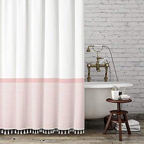 Seasonwood Badevorhang, Duschvorhang, extra lang, 243,8 cm, XL, Weiß und Rosa, gestreift, Duschvorhang im Badezimmer, Bauernhaus-Quasten-Design, wasserdichter Stoff, 182 x 244 cm