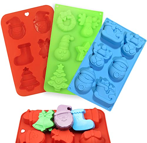 HONGECB Silicone Moules Noël, Moule à Gelée de Pouding à Gâteau, silicone savon moules, Bonhomme de Neige, Renne, Traîneau, Père Noël Moule, pour Savon, Chocolat, gâteaux, 3 pièces
