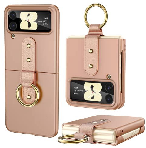HWeggo Handyhülle für Samsung Galaxy Z Flip 4 Hülle,Ultradünne PC Samsung Z Flip 4 Schutzhülle mit äußerem Bildschirmschutz und Ring,Stoßfest Kratzfest Leichte Schutzhülle(Roségold)