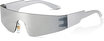 Ruikdly Futuristische Sonnenbrille, Silber Stylisch Rahmenlos Futuristische Brille, Umlaufend Schnelle Brille Rave Herren Damen Cyberpunk Schatten Sonnenbrille für Rollenspiele, Faschingspartys