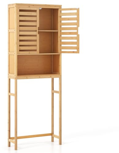 LIFEZEAL Meuble de Rangement au-Dessus des Toilettes en Bambou | Étagère de Rangement WC, Ouverte avec Dispositif Anti-basculement, 62 x 23 x 170 cm