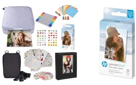 HP Sprocket Portable 2x3 Zoll Sofortbilddrucker (Lila) Starter-Kit & Sprocket 5x7,6 cm Premium Zink Sticker Fotopapier (20 Blatt) Kompatibel Sprocket Fotodruckern