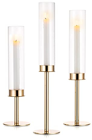 Nuptio Portavelas Huracan Dorado: Portavelas de Metal de Cristal Transparente para Velas Cónicas Candelabro Alto Abierto Pantalla Cilíndrica Fiesta de Boda Centro de Mesa Decoración