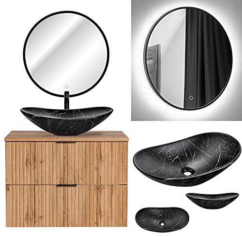 Lomadox Badezimmermöbel Badmöbel Gäste WC Bad Set, 80 cm Waschtisch-Unterschrank Wotaneiche mit 61,5 cm Keramik Waschbecken, 60 cm LED-Spiegel mit Touch