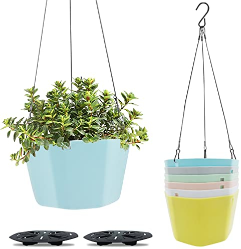 WAIZHIUA 6Pcs Hanging Planter Pot, 15cm Plastic Hanging Basket Flower Pot Plant Holder with Chain Hooks for Indoor Outdoor Garden House Porch Decor (6 Colours)