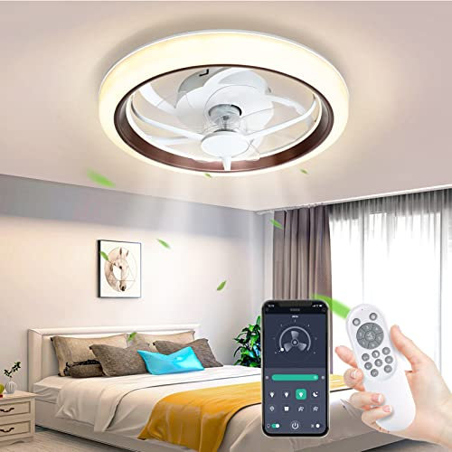 Auiaerty Ceiling Fans with Lights and Remote Control, Φ48cm 6 Wind Speed & 3 Color Dimmable Modern Bedroom Fan Ceiling Light with APP, Ultra Quiet Ceiling Fans for Living Room (Coffee)