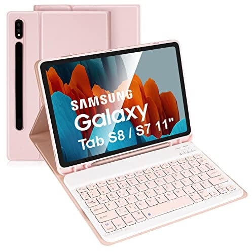 LAMA Keyboard Case for Samsung Galaxy Tab 11inch S8 2022(SM-X700/X706)/S7 2020 (SM-T870/SM-T875/SM-T878), Detachable Wireless Keyboard Case&Built-in S Pen Holder for Samsung Galaxy Tab S8/S7, Pink