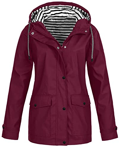 Veste de Pluie Longue pour Femme, Coupe-Vent Manteau Plaine Simple Grande Taille Chaude Blouson Polyester à Capuche Large Manches Longues Tennis Poitrine Hiver Vin Rouge L