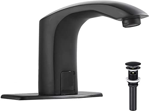 Robinet de salle de bain automatique noir sans contact activé par le mouvement baignoire lavabo lavabo aérateur monotrou en laiton mitigeur vidange escamotable avec trop-plein inclus small gift