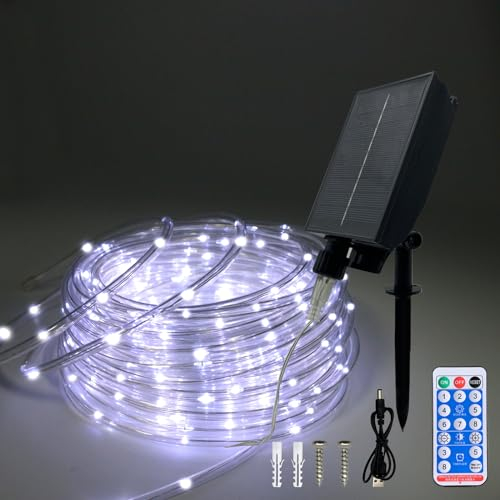 calflux Tuyau lumineux extérieur étanche 20 m, USB et solaire, 8 modes, minuterie, télécommande, résistant aux intempéries, pour Noël, mariage, fête, décoration (blanc froid)