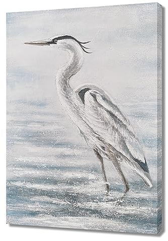BATRENDY ARTS Reiher Leinwandbild, grau-blau und weiß, Küstenvogel, rustikales Reiher, Tier-Kunstwerk, Bild für Badezimmer
