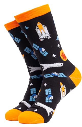 Soctopus Damen Raum Socken Neuheit Lustig Außerirdischer Rakete Muster Socken | Mehrfarbiger Witzig Baumwolle Socken (37-42, Blast Off (Schwarz))