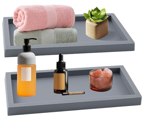 2 Stück Badezimmer Tablett, Grau Silikon Ablageschale, Rechteckiges Schminktisch Tablett, Bad Deko Tablett für Gewebe, Kerzen, Handtuch, Kleine Kosmetisch, Pflanzen