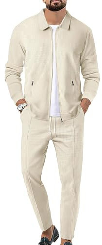 Uomo Tute da Ginnastica Waffle Manica Lunga Cerniera Giacca & Pantaloni Set di 2 Pezzi Beige per Casual Sport Lavoro, XL