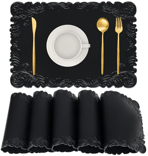 Mavicen Faux Leather Place Mats Set of 6, 30 * 45cm Dual-Sided Waterproof Square Table Mats, Non-slip Heat Resistant Washable Dining Table Placemats for Kitchen Indoor Outdoor (Black)