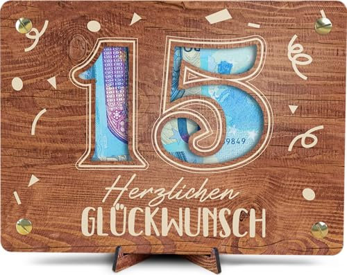 15 Geburtstag - XL Geldgeschenk aus Holz inkl. Ständer | Geschenk 15. Geburtstag - 15 Geburtstag Mädchen, 15 Geburtstag Jungen, 15 Geburtstag, 15. Geburtstag Mädchen, 15 Geburtstag Deko