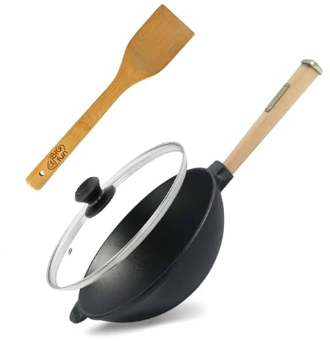 4BIG.fun Poêle wok - Diamètre : 26 cm - 2,8 l - En fonte - Avec poignée en bois et couvercle en verre - Pour induction