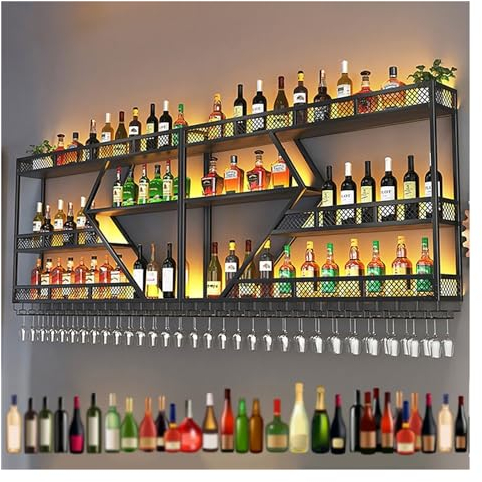 Porte-bouteille Mural Industriel Avec Lumière LED,Range Bouteille Avec Porte-Verre,Étagère À Vin En Métal Suspendue,Casier À Bouteilles,Rangement De Bouteilles,Pour Cave À Vin,Bar,Cuisine - Noir/Or (