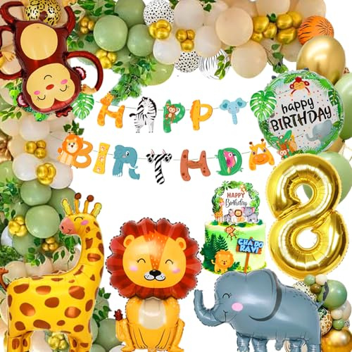 Safari Deko 8. Geburtstag Junge Mädchen, Dschungel Geburtstagsdeko 8 Jahr | 63 Teile Wild One Luftballons 8. Geburtstag Set mit 32 Zahlenballon,Tier Folienballons,Happy Birthday Banner,Kuchenfigur