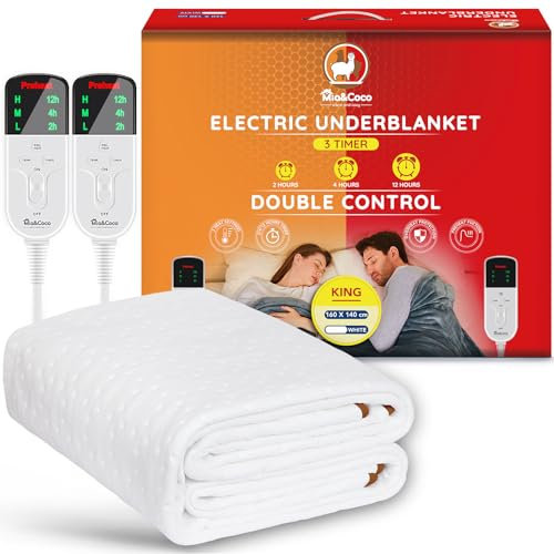 Mia&Coco Electric Heated Blanket Double with Dual-Controllers, Heated Underblanket, 12hour Timers, 3 Heat Settings, LED Display, Overheat Protection Throw, Easy Fit Straps, Machine Washable 160x140cm