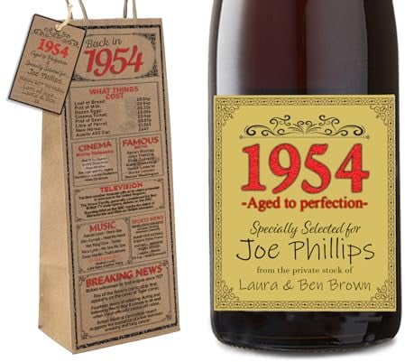 Year You Were Born Alcohol Wine Label - Bottle Gift Bag & Tag - Gin Gifts for Women & Men 40th-80th (1954)