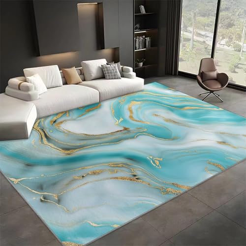 Teppich Wohnzimmer Kurzflor Moderner Marmor Türkis Goldene Textur 80x150 cm Schlafzimmer Teppich Flauschiger Waschbar Teppich, Teppiche für Arbeitszimmer Büro Super Weich Anti-Rutsch