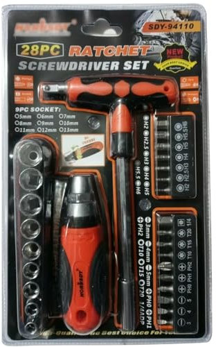 HOCHSTE 28-Piece Socket & Tool Set with T-Handle Ratchet & Screwdriver, 17 Bits, 9 Sockets – Ideal for Appliances & Repairs (A/C, TV, Washer) – Adjustable Anti-Roll Handle, Orange/Black