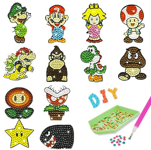 5D Diamond Painting Aufkleber Kits, 12 Stück Cartoon Diamand Painting Kinder, Diamond Painting Mosaik Aufkleber, Diamant Malerei Aufkleber, DIY Diamant Bastelset, Geschenke für Jungen und Mädchen