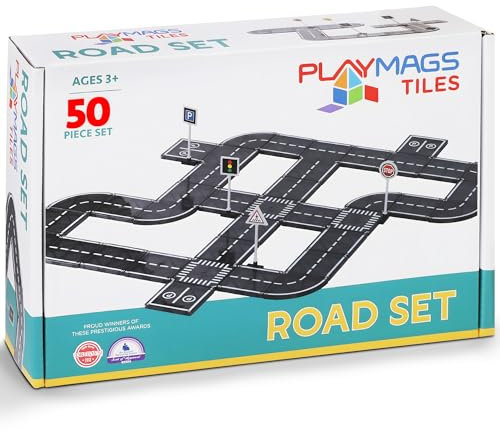 Playmags Magnetic Tiles Road Set - 50 Pcs STEM Educational Construction Toy Car Track, Building Blocks Magnet Toys Age 3+ for Toddlers, Safe for Ages 3+