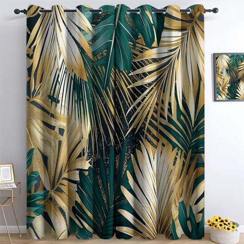 Rideaux Occultants Planter des Feuilles De Palmier 3D Imprimé Motif Rideaux Thermiques Isolants Anti Froid Rideau À Oeillets pour Salon Chambre, Ensemble de, 91.5L X 160H cm (2 Panneaux) Or Vert