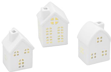 Spetebo LED Keramik Haus weiß 9 cm - 3er Set - Deko Weihnachtsdorf mit Beleuchtung in warm weiß - Weihnachts Tisch Deko Aufsteller Winter Haus