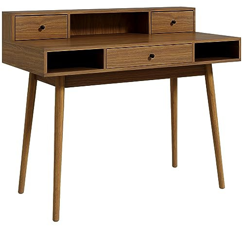 HOMCOM Table d'ordinateur, Table de Bureau, avec Rangement 3 niches, 3 tiroirs, Design Vintage, Pieds en pin Massif, 110 x 54 x 91,5 cm, Aspect Noyer