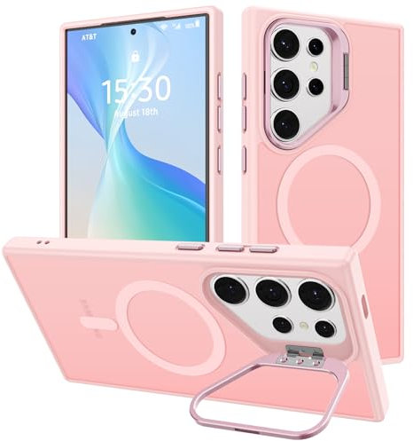 Coque pour Samsung Galaxy S23 Ultra Magnétique Compatible avec MagSafe, Béquille de Caméra en Métal Invisible, Protection Militaire Antichoc Etui Résistant Aux Rayures Translucide Arrière Case, Rose