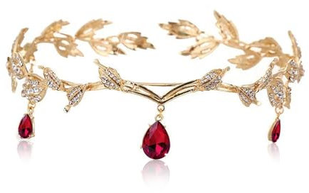 MisFun Elfenkrone, Prinzessin Crystal Crown, Kristallperlen Stirn Kopfschmuck, Vintage Rot Strass Diadem, Tiara für Hochzeit Braut Motto Party Karneval Cosplay Festival Kostüm Zubehör