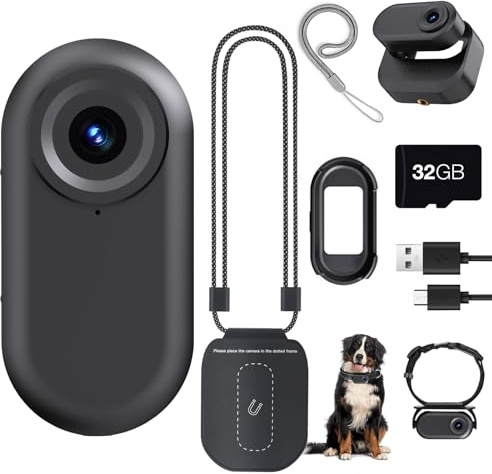 YDI Mini Caméra Portable 1080P pour Corps/Sports/Animaux, Double Batterie avec Magnétique Compartiment de Chargement de Batterie, Collier de Chien, Carte 32G (Noir)