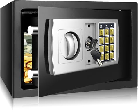 Tresor Feuerfest Wasserdicht, Feuerfester & Wasserdichter Tresor – Einbruchsicher, Kompakt, Passwort & Schlüssel für Bargeld Medikamente Schmuck, 31 B x 20 T x 20 H cm, Schwarz