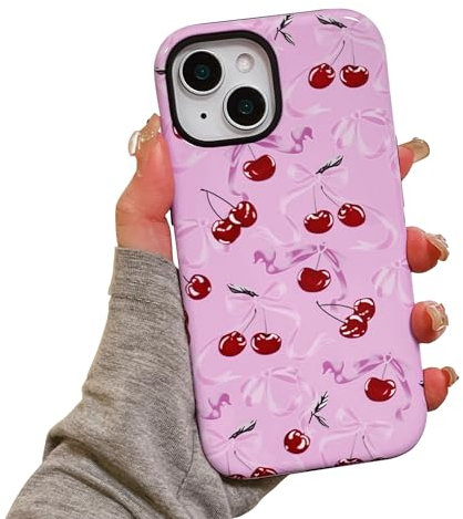EYZUTAK Case for iPhone 15, Cute Pink Cherry Ribbon Bow Phone Case Glossy Aesthetic Pattern Slim Soft Durable TPU and Hard PC Shockproof Protective Bumper Phone Cover for Women Girls-Cherry Ribbon Bow