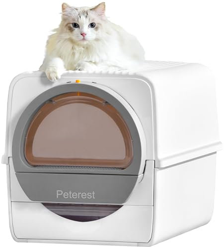 Peterest Grande litière autonettoyante pour plusieurs chats Kitty semi-automatique avec couvercle, sans odeur Pull and Scoop, autonettoyante, blanc et gris