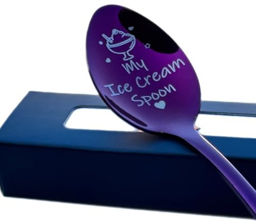 Engraved Teaspoon – “My Ice Cream Spoon” – 15cm Stainless Steel – Available in Silver, Blue, Rainbow or Purple – Fun Gift for Dessert Lovers – Luxury Gift Box Included – Ice Cream Spoon (Purple)